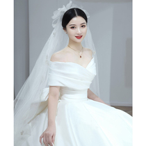 French satin wedding dress 2021 new bridal master wedding dress female winter shoulder simple long tail high texture