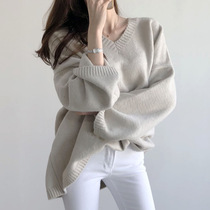 Temperament New 2021 Autumn and Winter Womens V-neck Loose Knitted Sweater Tide