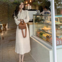 2021 Korean early autumn suit jacket pleated skirt temperament goddess fan fake two piece stitching dress