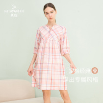 Autumn Deer (Classic Department) Summer Sleeping Dress Womens thin section V collar texture Control 70% sleeves pure cotton plaid summer dresses