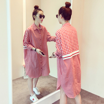 Pregnant women autumn 2021 new fashion loose thin plaid long-sleeved dress large size foreign style medium-long shirt