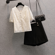 Large size suit Summer fat mm womens European station belly cover Summer mesh breathable cardigan short-sleeved shorts are two-piece set