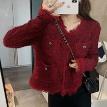 Sandro moscoloni red tassel small fragrant wind knitted jacket Joker short socialite small coat