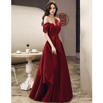 Toast dress bride 2021 new summer thin temperament wine red evening dress female thin wedding satin one shoulder