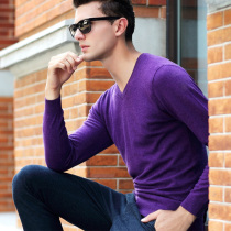 Thin sweater mens 100 pure wool 2021 autumn and winter solid color base sweater mens V collar pullover long sleeve sweater