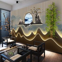 New Chinese Light Lavish Office Tea Room Bamboo Wood Fiber Integrated Wall Panel Water Ink Landscape Hotel Clubhouse Wall Wall