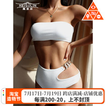 Europe and the United States white bandeau beach bikini sexy gathered high waist metal side openwork holiday split swimsuit women