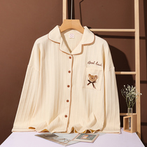 Pajamas top single female pit cotton long sleeve cardigan cute bear lapel casual home wear spring and autumn