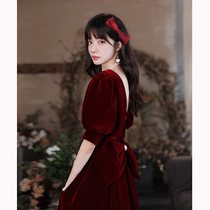 Wine red French Thin Man toast summer bride spring and autumn dress can usually wear velvet Thank you banquet