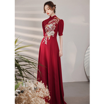 Toast dress bride 2021 new wedding dress cheongsam burgundy evening dress vintage Chinese style wedding dress long section