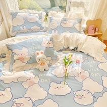 Cute Cloud Rabbit rabbit pure cotton four pieces of Korean family lotus leaf side full cotton quilts with set adolescent heart 1 5m1 8 m bed products