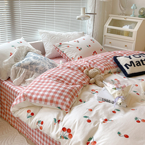 Korean girl cream Cherry Cotton four-piece cute hipster cotton ins sheets dormitory 3-piece bedding