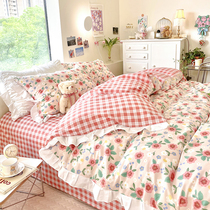 Cream Crushed Flowers Pure Cotton Four Pieces Lace lace Lace Girl Ensemble cotton Ins bed bedding softness 1 51 8m Bedsheets