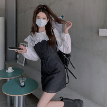 Waist slim denim satchel two-piece female 2021 autumn new doll collar shirt suspender short skirt set