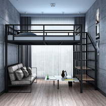 Wrought iron elevated adult loft-style second floor space-saving bed under the empty table Overhead household duplex single double bed