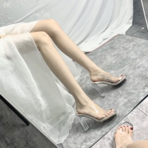  2021 summer new silver sexy word with transparent high-heeled sandals female fairy style thick heel crystal heel slippers