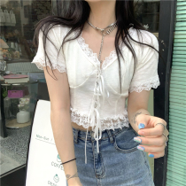 French high-end sense niche stitching lace shirt Womens slim temperament Lace-up short V-neck sweater top