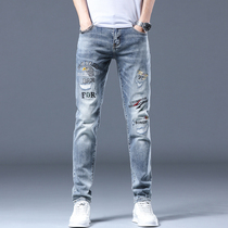 2022 Summer Straight Drum Pants Mens High-end Embroidery Breaking Hole Mens Jeans A Minor Foot Tide Card American Mens Pants