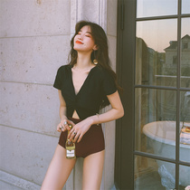 2021 new swimsuit womens summer halter sexy one-piece triangle cover belly thin Korean ins conservative retro swimsuit