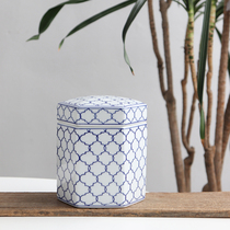 Vintage blue and white hexagonal ceramic storage jar New Chinese style home storage jar Living room TV cabinet wine cabinet decoration