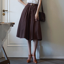 Chings French vintage niche single-breasted denim high waist slim big swing skirt umbrella skirt Hepburn style a-shaped skirt