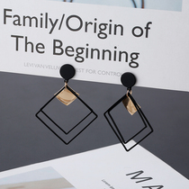 Korean temperament 100 hitch black geometric rhombus square earrings European and American personality long earrings without otolehole ear clip women