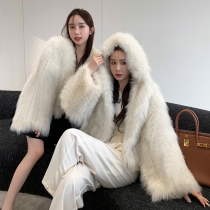 2021 new imported fox hair double-sided woven hooded fur jacket bat sleeve high waist short wide version fashion
