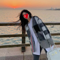 TB Thomv collar knitted cardigan Academy style 2021 new autumn check sweater coat women loose long sleeve top