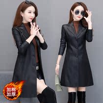New Haining leather leather women long autumn and winter plus cotton plus velvet ladies sheep leather windbreaker spring and autumn mother