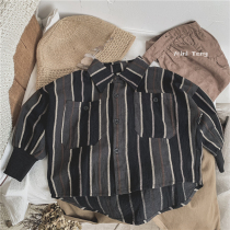 Tide Fan personality ~ Child cotton turning vertical striped shirt male and female baby retro shirt jacket cardiovert jacket for spring and autumn clothing