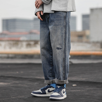 Retro jeans Mens washed up for old boomers Spring and autumn season Japanese Loose Straight Barrel Casual Broadleg Deep Blue Long Pants