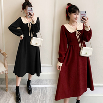 Pregnant women spring dress 2022 belly slimming baby collar dress spring and autumn new corduroy red Chinese New Year clothes
