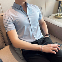 Summer mens shirt Short-sleeved thin section free ironing advanced sense of ice silk Korean version slim casual business solid color inch shirt