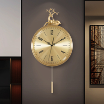 Pure copper light luxury elk wall clock living room home Fashion Net red modern time clock Nordic deer head hanging wall large watch