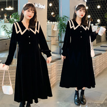 Pregnant womens autumn and winter fashion loose large size doll collar outside wearing belly does not show golden velvet temperament dress