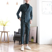  Korean version of mens double-breasted small suit slim handsome casual suit suit two-piece British trend wedding