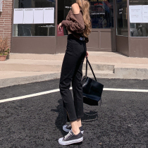 Black split jeans female summer tide ins high waist thin autumn clothes loose small man nine pipe straight pants