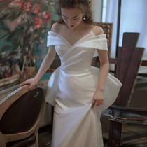 French light wedding dress sexy shoulder 2021 New bow fish tail waist temperament elegant satin dress dress