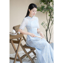 Early cicada new Chinese style national style 2021 summer womens blue modified retro long embroidered elegant Odai cheongsam dress