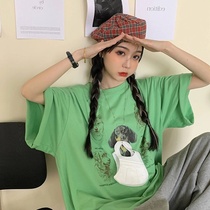 Literature and art Joker loose dog printed green cotton T-shirt women's summer new 2021 design sense chic coat