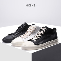 Shoes mens fashion shoes high-top shoes leather shoes casual shoes wild pure black mens shoes Korean version of the trend to help flat shoes