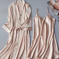 Nightgown summer thin ice silk sexy pajamas womens summer loose nightgown womens large size mid-length nightgown two-piece set