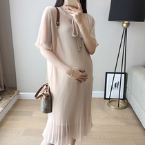 Maternity dress summer dress thin section 2021 new high-end maternity dress small fragrant air quality chiffon pleated skirt