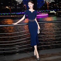 Small Evening Gown New Blue Light Extravaganza Luxury high-end foreign dress Banquet Temperament senior Hostedresses Dresses Dresses Dresses