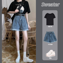 Five-point denim shorts womens 2021 summer thin section high waist net red a word small man loose wide leg five-point pants
