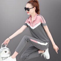 Summer sports suit women 2022 new foreign air display slim loose big code short sleeve long pants casual running two sets