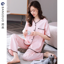 2021 new pajamas womens summer woven cotton short-sleeved trousers thin summer cotton homewear suit