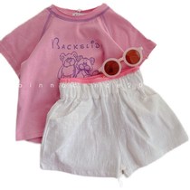 Childrens set summer childrens clothing girls foreign style pink short sleeve T-shirt childrens solid color high waist white shorts flower pants