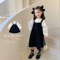Girls dress dress dress Spring 21 new foreign style children Girl strap skirt bubble sleeve shirt two-piece set