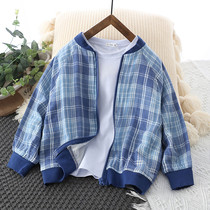 Soft and skin-friendly childrens plaid thin coat 2023 spring and summer boys cotton yarn breathable stand-up collar sun protection clothing baby top